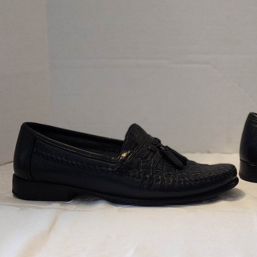 Brass Boot Tassel Loafers Size 10.5 Black Genuine Caiman Alligator - Picture 3 of 11
